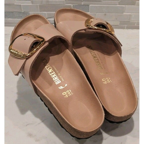 Wmn's Birkenstock Madrid Big Buckle Slide Sandals In Natural Leather Patent 40/9 - Picture 4 of 15